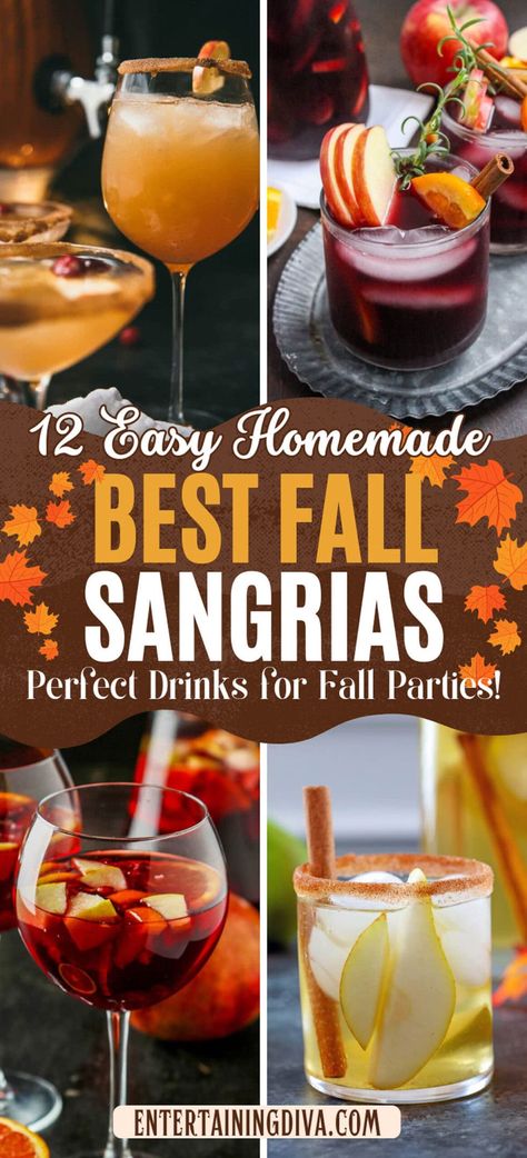 12 Easy Homemade Best Fall Sangrias (perfect Drinks For Fall Parties) | Fall Entertaining Easy Fall Sangria, Drinks For Fall, Fall Cocktail Party, Thanksgiving Sangria, Fall Sangria Recipes, Homemade Sangria, Cocktail Recipes For A Crowd, Easy Sangria Recipes, Cider Sangria