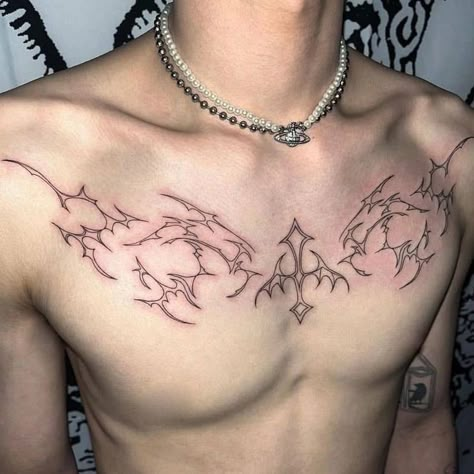 Man's Chest Tattoo, Chest Anime Tattoo, Masculine Spine Tattoo, Spider Chest Tattoo Men, Lower Body Tattoos Men, Male V Line Tattoos, Mens Cybersigilism Tattoo, Chest Cybersigilism Tattoo, Barb Wire Tattoo Men