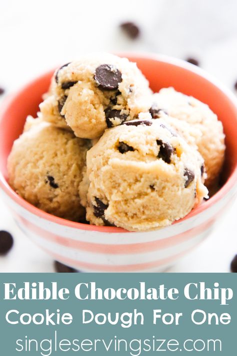 A pink bowl filled with edible chocolate chip cookie dough. Edible Cookie Dough For One, Low Calorie Cookie Dough, Edible Cookie Dough Recipe For One, Single Serving Cookie Dough, Edible Cookie Dough Healthy, Cookie Dough For One, Edible Chocolate Chip Cookie Dough, Low Calorie Cookies, Easy Cookie Dough