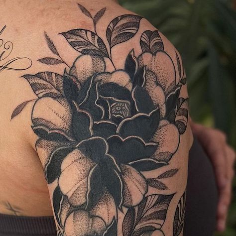 Black Work Tattoos For Women, Floral Cover Up, Black Peony Tattoo Cover Up, Text Cover Up Tattoo, Thigh Tattoo Cover Up Ideas, Dark Tattoo Cover Up, Black Flower Tattoo Cover Up, Dark Peony Tattoo, Top Shoulder Tattoos For Women