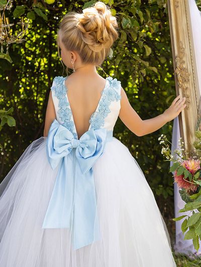 Ball-Gown/Princess Sleeveless Tulle First Communion Dresses Flower Girl Dresses Girls Birthday Dresses Floor-length Scoop Neck Beading Flower Bow Appliques Lace Ivory #226280 - lalamira Tulle Baby Dress, Baby In Wedding Dress, Baby Tulle Dress, Tutu Flower Girl Dress, Baby Blue Weddings, Ivory Flower Girl Dress, Flower Girl Dresses Blue, Long Flower Girl Dresses, Ivory Flower Girl