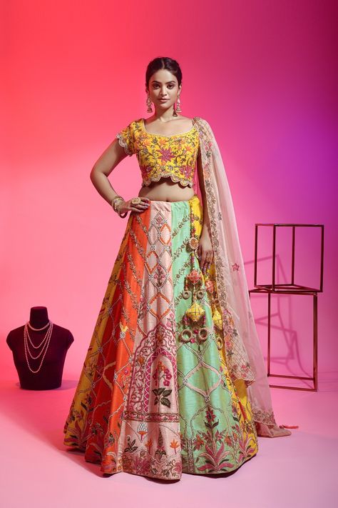 Multi Colour Indian Outfit, Multi Colour Lengha, Multi Colour Kali Lehenga, Multi Colour Lehenga Indian Weddings, Multi Color Lengha, Multi Colour Lehenga, Lehenga Simple, Mehendi Lehenga, Sangeet Lehenga