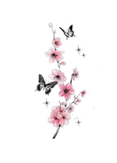 Sakura Butterfly Tattoo, Butterfly Blossom Tattoo, Flowering Vines Tattoo, Butterflies Around Flowers Tattoo, Sakura Cherry Blossom Tattoo, Japanese Cherry Blossom And Butterfly Tattoo, Butterflies And Cherry Blossom Tattoo, Cherry Blossom Tattoo On Back Spine, Cherry Blossoms Tattoos For Women