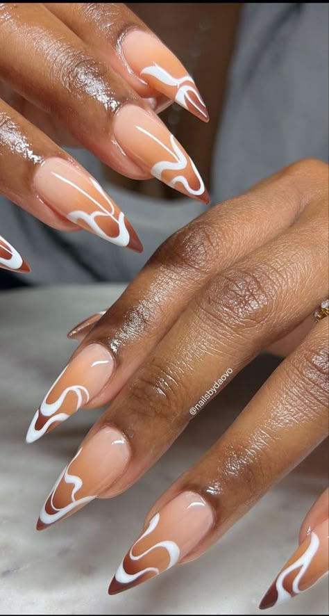 Nude Nails On Black Women, White Abstract Nails, Saved Nails, Brown Acrylic Nails, Abstract Nails, Nails Brown, Acrylic Toe Nails, Work Nails, Almond Acrylic Nails