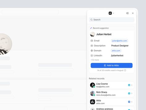 Attio – Chrome Extension / Record suggestion by Julian Herbst for Attio on Dribbble Browser Extensions, Chrome Extensions, Action Cards, Chrome Extension, Business Software, Relationship Management, Personal Portfolio, Mobile Ui, Design Consultant