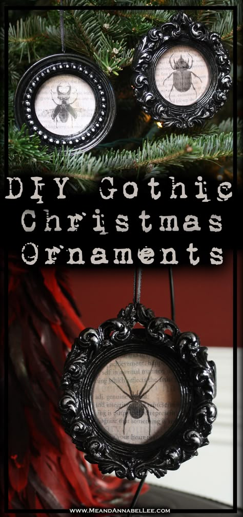 DIY Gothic Christmas Ornaments | Vintage Insect Specimens | Halloween Everyday | Black Baroque Frames | Rub n Buff | Sihouette Sticker Paper | www.MeandAnnabelLee.com Gothic Christmas Ornaments, Goth Xmas, Gothic Xmas, Gothic Crafts, Diy Gothic, Halloween Christmas Tree, Framed Insect, Goth Christmas, Spooky Christmas