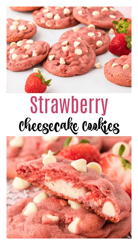 January Cookies, Birthday Snack Ideas, Strawberry Cookie Recipe, Strawberry Cream Cheese Cookies, Strawberries And Cream Cheese, Fun Cheesecake Recipes, Strawberry Cheesecake Cookies, Strawberry Cream Cheese Filling, Strawberry Chocolate Chip Cookies