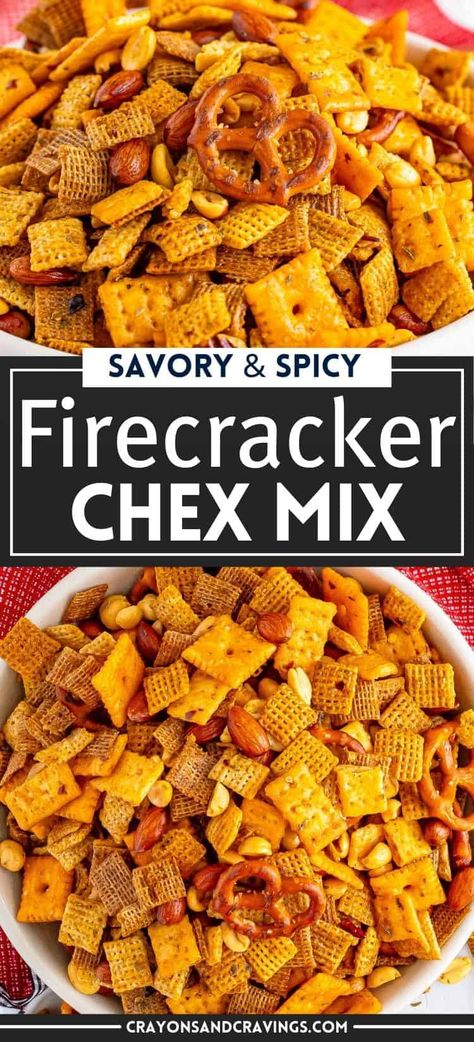 Savory and Spicy Firecracker Chex Mix Spicy Trail Mix Recipes Healthy, Instant Pot Chex Mix Recipes, Easy Holiday Chex Mix Recipes, Party Munchies Snacks, Chex Mix Spicy Texas Trash, Seasoned Trail Mix Recipes, Baked Trail Mix Recipes, Salty Mix Snack, Chex Mix Oven Recipe