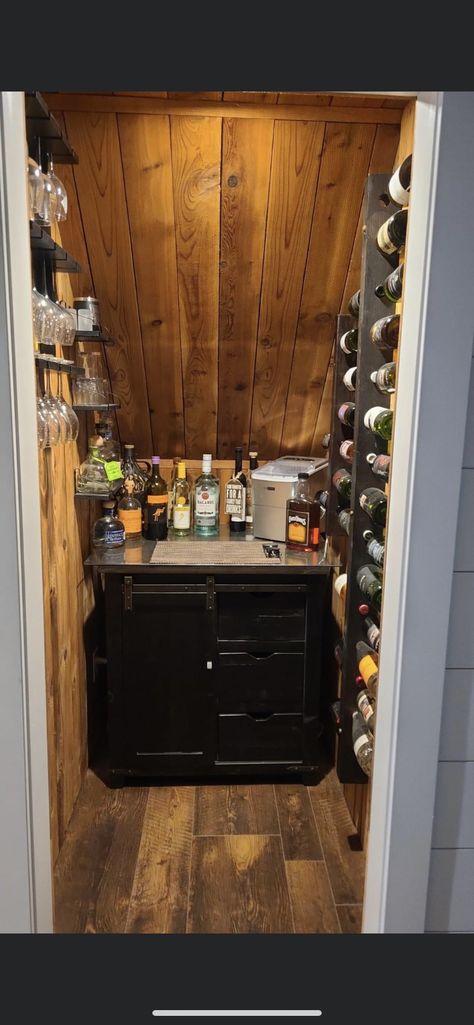 Under Stair Bar Basement, Under Stairs Closet Bar Ideas, Under Stairs Speakeasy, Liquor Closet Under Stairs, Under Stair Liquor Storage, Under Stairwell Pantry, Bourbon Closet Ideas, Under The Stairs Bar Ideas, Under Stair Wine Cellar