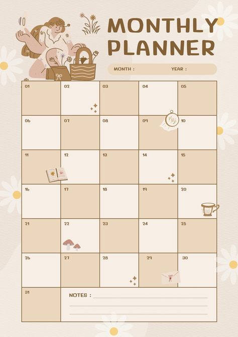 Cute Daily Planner, Study Planner Printable, Cute Cottagecore, Monthly Planner Template, Month Planner, Monthly Planner Printable, Weekly Planner Template, Schedule Planner, Routine Planner