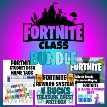 FORTNITE CLASSROOM BUNDLE 2 BULLETIN BOARD, POSTER, REWARD SYSTEM, NAME TAGS included in this are 5 products...you may want to check out my growing bundle for fortnite Includes v buck reward system glide into new year bulletin board name tags for desks a llama learning here bulletin board Collaborative Squad Goals Poster Fortnite Classroom Ideas, Fortnite Bulletin Board Ideas, Name Tags For Desks, 5th Grade Games, Goals Poster, New Year Bulletin Board, Fort Nite, Classroom Engagement, Desk Name Tags