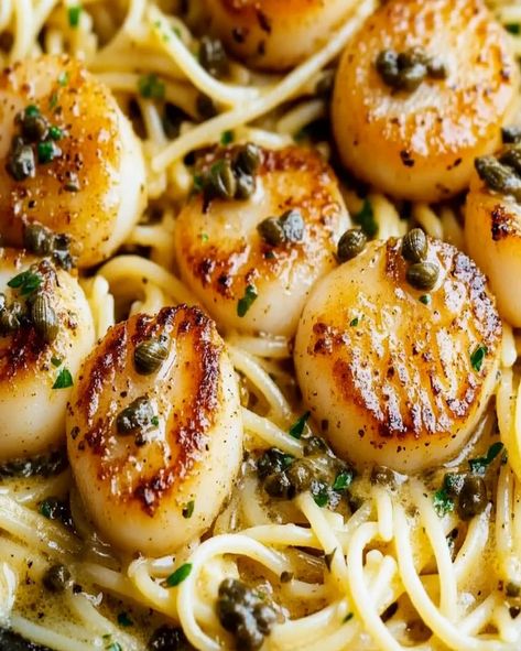 Scallop pasta recipe with caper butter sauce. A quick and easy gourmet dish perfect for seafood lovers, ready in just 20 minutes! Prawn And Scallop Pasta, Vegan Scallops And Pasta, Pasta And Scallop Recipes, Scallops Linguine Recipes, Scallop Fettucini Recipes, Pasta And Clams Sauce Recipes, Small Pasta Shell Recipes, Scallop Picatta, Scallop Linguine Recipes