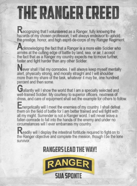 The Ranger Creed...the code U.S. Army Rangers live by. Creed Quotes, Ranger School, Ranger Regiment, Airborne Ranger, Us Army Rangers, 75th Ranger Regiment, Army Ranger, Military Quotes, Army Rangers