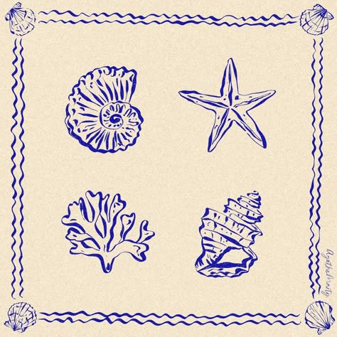 agathe marty | sea stuff 🌊 ~ available for licensing as repetitive pattern or placement print 💙 | Instagram Sea Print Pattern, Agathe Marty, Coastal Illustration, Sea Illustrations, Border Illustration, Starfish Pattern, Sea Stuff, Sea Drawing, La Tattoo