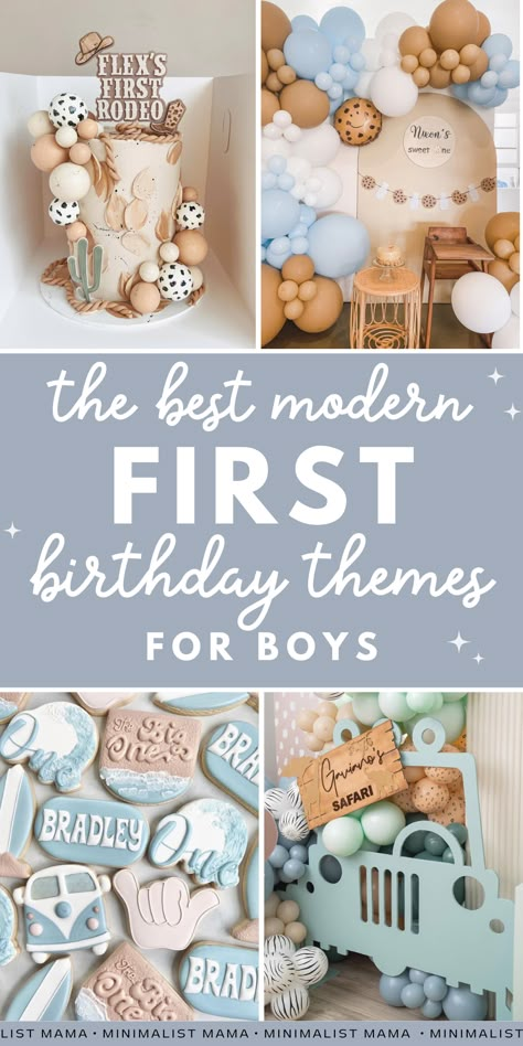 Unique First Birthday Themes, First Birthday Neutral, First Birthday Themes For Boys, Modern First Birthday, Teddy Bear First Birthday, First Birthday Theme Boy, 1 Year Birthday Party Ideas, 1st Birthday Boy Themes, Baby Boy Birthday Themes