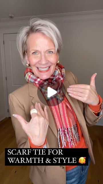 Heidi Kristensen on Instagram: "Scarf tie we need for fall! Blazers and scarves are always my go too!! You can thrift so many scarves just check what the fibres are. You want something close to your face that feels good 🥰🌎#fyp#scarf#scarfstyle#scarfstyle #fall#fallfashion#scarftutorial #style#stylish#styleinspo#fashion#fashioninspo#over50style #accessories #classic#timeless#heidikristensen#personalstyle#positivevibes#thrift#sustainablefashion" Fold Scarf Tutorials, Tying Large Scarves, Scarf Ties Ideas Tutorials, How To Wear A Winter Scarf With Coat, Outfits With Scarf Around Neck, How To Tie A Wool Scarf, How To Tie Long Scarf Around Neck, Tying Long Scarves, Ways To Tie A Square Scarf