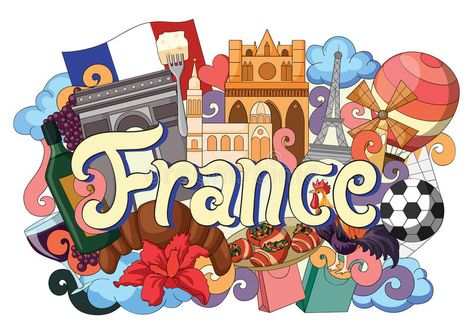 Doodle showing Architecture and Culture of France stock illustration France Project, France Logo, France Illustration, Culture Of France, Paris Drawing, French Things, France Culture, Leaf Decoration, Collage Drawing