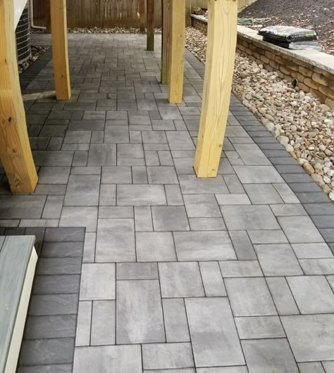 Crofton Paver Patio Two Tone Paver Patio, Pavers Against House, Grey And Black Patio Pavers, Pavers Around Patio, Stained Pavers Patio, Charcoal Pavers Patio, Interlocking Pavers Design, Patio Paver Patterns, Small Paver Patio Ideas Layout