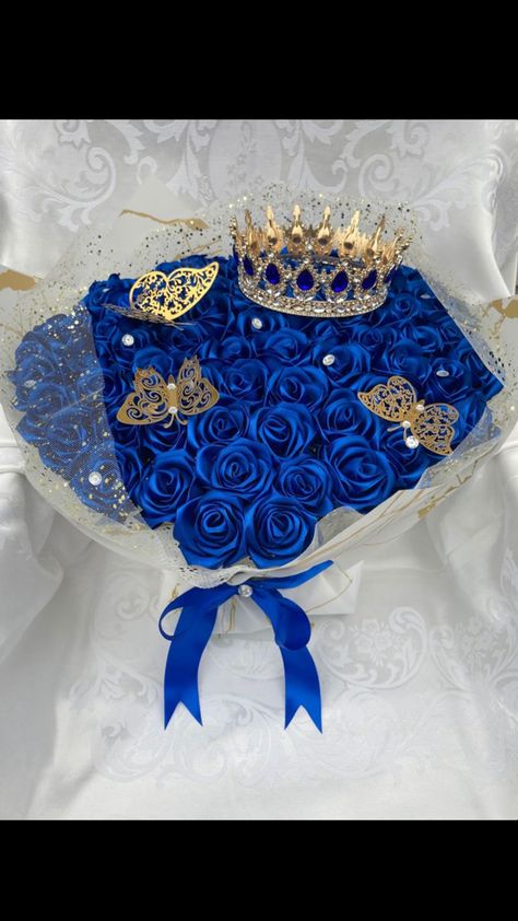 Royal Blue Wedding Bouquet, Ribbon Rose Bouquets, Blue Flowers Bouquet, Blue Wedding Bouquet, Royal Blue Wedding, Ribbon Roses, Quinceanera Dresses, Blue Wedding, Surprise Gifts