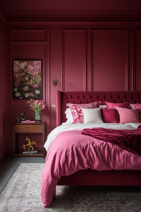 Moody Pink Bedroom, Dark Pink Bedroom, Fuschia Bedroom, Plum Bedroom Ideas, Magenta Bedrooms, Purple Bedroom Walls, Plum Bedroom, Mauve Bedroom, Burgundy Room