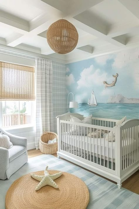 Ocean Inspired Nursery, Beach Nursery Theme, Coastal Baby Room, Girl Nursery Ideas Themes, Coastal Nursery Boy, Ocean Nursery Ideas, Ocean Baby Nursery, Ocean Nursery Theme, Beach Baby Rooms