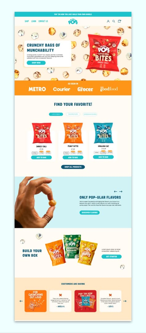 Plant Pop's new website is modern, bright and fun! Plant Pops is all about making snacks deliciously different. Snacks that are good for you, the environment, and the communities that create them. Food website design, fun website, homepage design by Wren Digital | #homepagedesign #foodwebsite #shopifywebsite Food Website Layout, Website Homepage Design, Making Snacks, Food Website Design, Catalogue Layout, Ecommerce Web Design, Shopify Website Design, Online Shop Design, Ecommerce Web