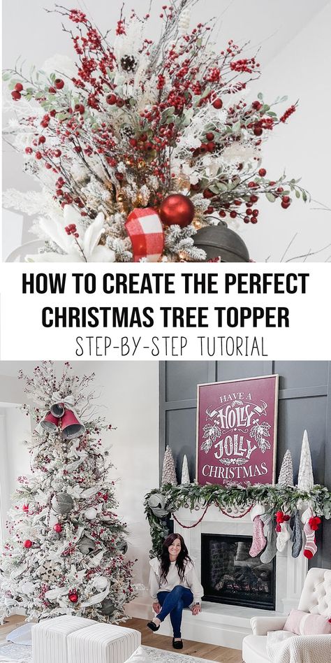 Christmas Tree Picks And Sprays Decor, Decorative Mesh Christmas Tree, Christmas Tree Bouquet Topper, Christmas Tree Topper Sticks, Christmas Tree Picks And Sprays Ideas, Red And White Christmas Tree Topper Ideas, 2024 Tree Topper, Christmas Tree Decoration Tips, Country Tree Topper Ideas