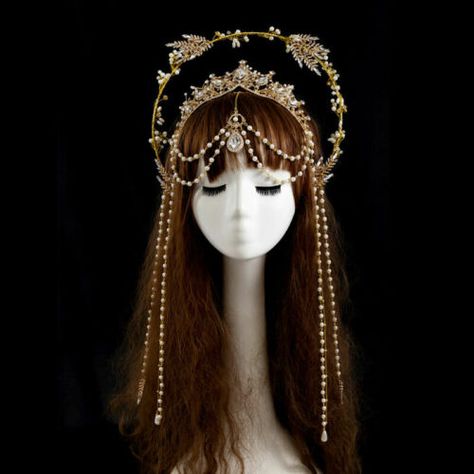 Women Halo Crown Gold Headband Virgin Mary Tiaras Headpiece Wedding Party | eBay Halo Crown Wedding Veil, Dangling Headpiece, Viking Crown Queens, Cool Head Pieces, Wire Wrap Tiara, Wedding Crown Gold, Fantasy Jewelry Headpieces, Head Dress Headpieces, Witchy Headpiece