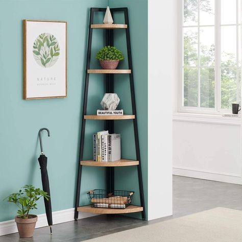 Corner Shelves Living Room, Tall Corner Shelf, Corner Ladder Shelf, Bookshelves For Small Spaces, Shelf Industrial, Bookcase Wood, Corner Bookshelves, Small Bookcase, Corner Storage