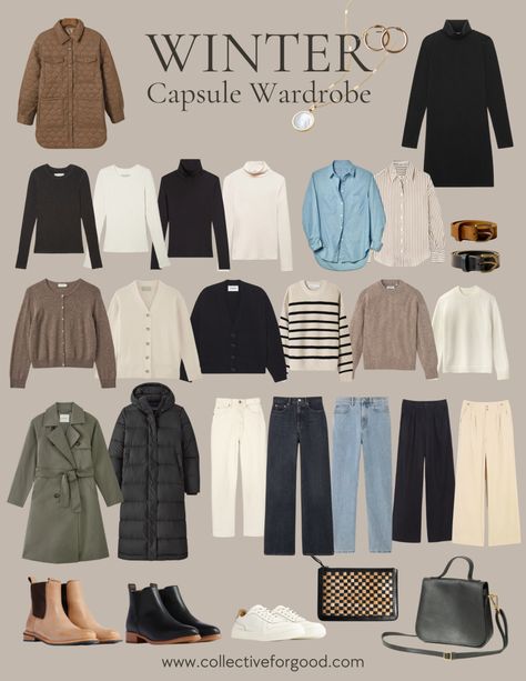 This post contains a Winter Capsule Wardrobe featuring around 20 versatile pieces, ideal for mixing and matching to create numerous outfits. Key items include a trench coat, basic tops, cardigans, … Business Casual Essentials Capsule Wardrobe, Winter Wear Essentials, Styles Inspiration Clothes, Basic Winter Capsule Wardrobe, Winter Casual Wardrobe, Accessories For Capsule Wardrobe, Casual Winter Wardrobe, How To Start A Capsule Wardrobe Closet, Winter Closet Staples