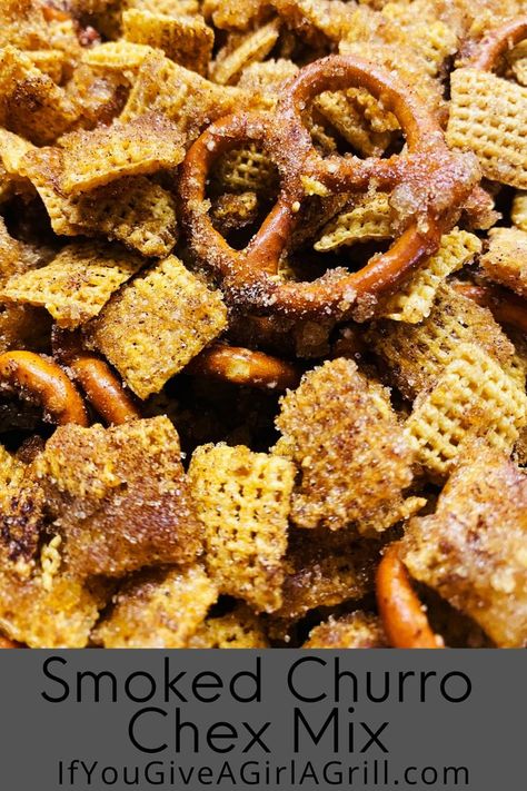 churro chex mix with pretzels Chex Mix Recipes Sweet, Sweet Chex Mix, Bbq Snacks, Baked Cabbage, Chex Mix Recipes, Pellet Grill Recipes, Traeger Recipes, Snack Mix Recipes, Dessert Cake Recipes