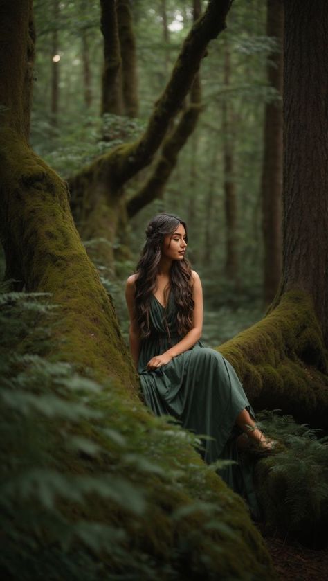 Green Dress Forest Photoshoot, Long Dress Forest Photoshoot, Portraits In Forest, Photoshoot With Green Background, Muir Woods Photoshoot, Magical Forest Photoshoot, Green Dress Photoshoot Ideas, Forest Photo Shoot Ideas, Forest Dress Photoshoot