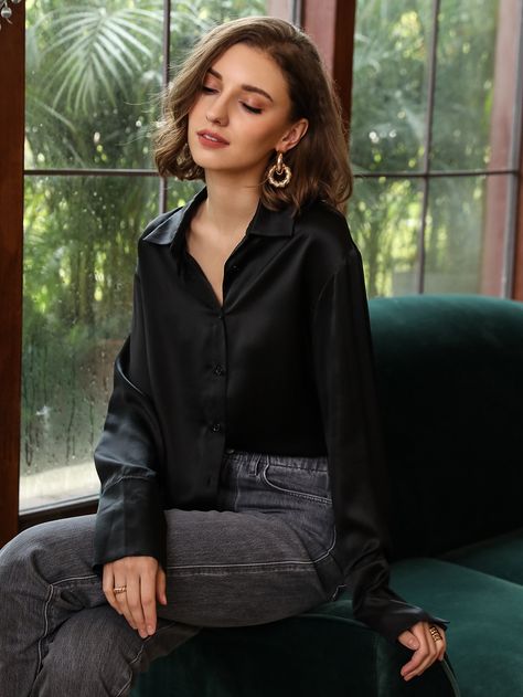 MOTF PREMIUM 100% SILK STRAIGHT FIT BLOUSE Black Silk Top Outfit, Silky Shirt Outfit, Black Silk Blouse Outfit, Black Satin Blouse Outfit, Satin Tops Blouses Classy, Plain Top Outfit, Black Satin Shirt Outfit, Long Sleeve Blouse Outfit, Black Blouse Outfit