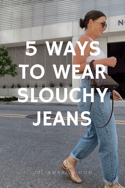 5 WAYS TO WEAR HIGH WAIST SLOUCHY JEANS FOR SUMMER: http://www.juliamarieb.com/2020/05/20/5-ways-to-wear-slouchy-jeans-|-the-rule-of-5/ | @julia.marie.b Slouchy Outfit, Loose Jeans Outfit, Julia Marie, Happy Hour Outfit, High Waisted Jeans Outfit, Boyfriend Cut Jeans, Boyfriend Jeans Outfit, Boyfriend Jeans Style, Slouch Jeans