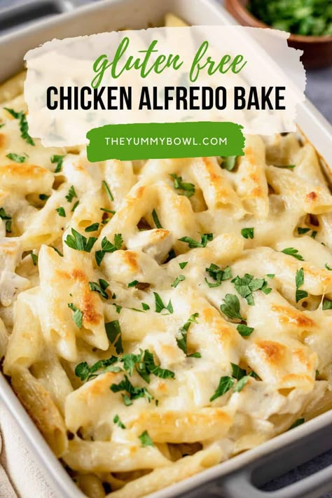 Gluten-Free Chicken Alfredo Pasta Bake is one of our go-to pasta dinners. This gluten-free recipe combines simple ingredients like penne pasta, chicken, and creamy alfredo sauce. It is often made with cajun chicken or broccoli but we are going to skip this for easy prep and make it a quick weeknight dinner meal instead. Baked Chicken Alfredo Recipe, Gluten Free Chicken Alfredo, Gluten Free Chicken Casserole, Chicken Alfredo Pasta Bake, Baked Chicken Alfredo, Gluten Free Pasta Dishes, Alfredo Pasta Bake, Perfect Baked Chicken, Baked Chicken Alfredo Pasta