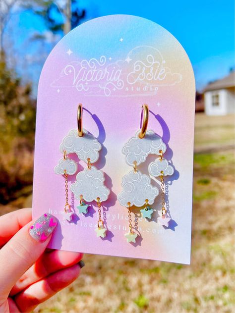 Glitter Clouds, Laser Cut Jewelry Acrylic, Pastel Stars, Whimsical Earrings, Up In The Clouds, Cloud Earrings, Head In The Clouds, Magical Jewelry, Acrylic Jewellery