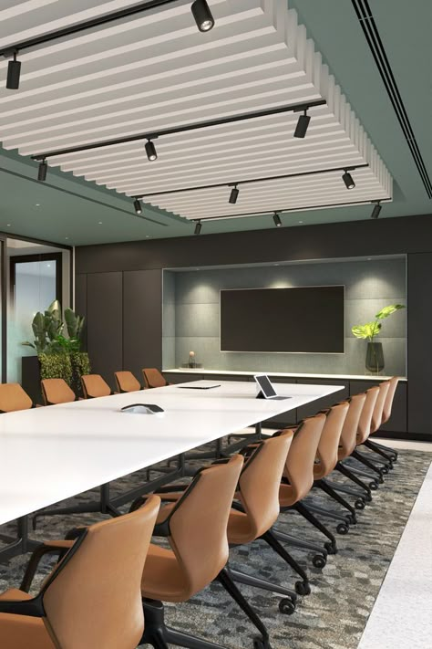 Meeting Room Design Creative, Office Ceiling Design, Meeting Room Design Office, Green Ceiling, Conference Room Design, Custom Interior Doors, Meeting Room Design, Office Ceiling, Office Interior Design Modern