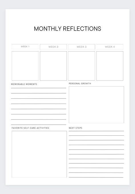 Take a moment each month to reflect on your accomplishments, challenges, and personal growth with this thoughtful and insightful template. The Monthly Reflection Template encourages self-awareness and mindfulness as you review your experiences, achievements, and areas for improvement. Whether you use it for personal development, professional growth, or creative pursuits, this template serves as a powerful tool for self-discovery and continuous improvement. Embrace the power of self-reflection and download our Monthly Reflection Template now to embark on a fulfilling journey of self-discovery and growth. Monthly Review Planner, Monthly Reflection Template, Monthly Review Template, Monthly Check In, Summary Ideas, Self Growth Journal, Reflection Template, Monthly Recap, Personal Development Plan Template