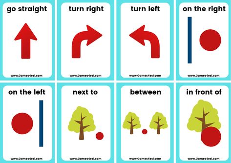 Direction Vocabulary English, Directions Worksheet For Kids, Esl Classroom Set Up, Giving Directions Worksheet, Directions For Kids, Directions Worksheet, English Flashcards, English Club, Printable Flashcards