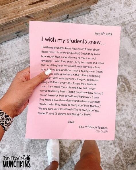 Melody | 2nd Grade Teacher on Instagram: "I wish my students knew...✨This is a letter your students will treasure🤍It’s a little way to let them know how much you care! All year, I keep “I wish my teacher knew...” slips in my classroom for students to write letters to me. They’re not frequently used, (as we also do a online check in daily where they can tell me anything,) but they always melt my heart. For the end of the year, I like to write my students a letter of the same nature.🤍 I definit Elementary Graduation Gifts, Tell Me Anything, Letter To Students, Elementary Graduation, Melt My Heart, Teachers Room, Survival Kit Gifts, Teacher End Of Year, Student Teacher Gifts