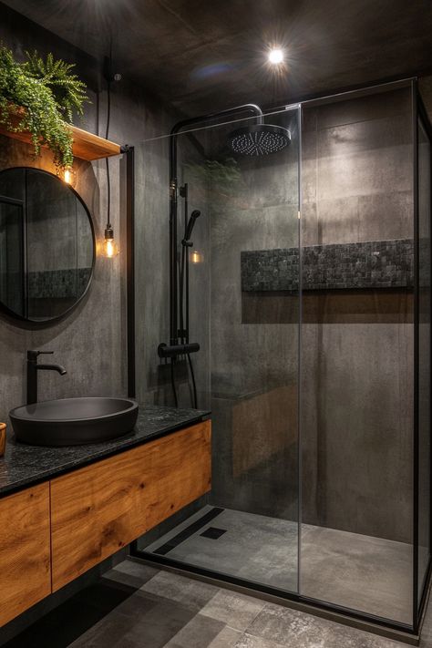 Discover stunning modern bathroom ideas with a sleek black shower, minimalist wooden cabinetry, and contemporary lighting. Elevate your space with greenery and sophisticated design elements! #ModernBathroom #BathroomInspo #HomeDesign Spa Bathroom Ideas Dark, Bathroom Design For Men, Black And Gray Small Bathroom Ideas, Bathroom Dark Grey Cabinets, Modern Cabin Interior Bathroom, Black And Wooden Bathroom, Black Bathroom With Wood Accents, Small Dark Bathroom Aesthetic, Minimalist Dark Bathroom