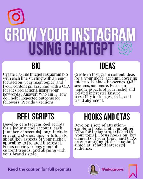 ✨Open for copy/paste prompts✨ Instagram can be such a creative space! However, when your creativity feels a little rusty, it’s okay to ask for help! 😉 And who is better for that than ChatGPT! Here are 4 copy/paste prompts you can use to grow your Instagram account 🥰 1. Create a 3-line [niche] Instagram bio with each line starting with an emoji, focused on [your main topics] and [your content pillars]. End with a CTA for [desired action], using [your keywords]. Answer: Who am I? How do I h... Catchy Instagram Bio, School Marketing Ideas, Marketing Coordinator, Social Media Cheat Sheet, School Marketing, Content Pillars, Planning Content, Web And App Design, Instagram Business Account