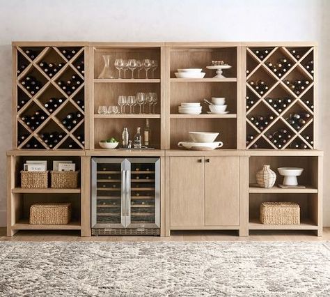 Modern Farmhouse Modular Collection | Pottery Barn Wine Fridge Cabinet, Wine Storage Wall, Wine Bar Ideas, Wine Storage Cabinets, Wine Bar Cabinet, Wine Rack Cabinet, Wine Wall, Storage Wall, Wine Rack Wall