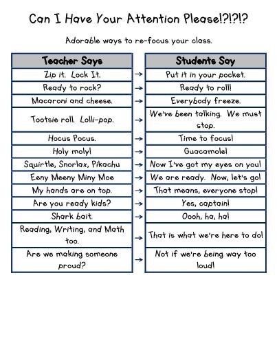 Classroom Attention Grabbers, Classroom Chants, Classroom Goals, Teaching Classroom Management, Attention Getters, Responsive Classroom, Substitute Teaching, Attention Grabbers, Whole Brain Teaching