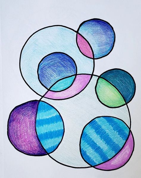 Distance Learning: Overlapping Circles – Art is Basic | An Elementary Art Blog Asymmetrical Drawing Ideas, Shapes And Forms Drawing, Circle Shapes Design, Circle Project Design, Circle Art Design Ideas, Overlapping Circles Design, Shapes Drawing Art, Drawing With Circles, Concentric Circles Art