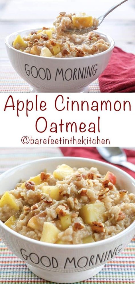 Apple Cinnamon Oatmeal is a favorite for all ages. It only takes a few minutes to get this deliciously hearty breakfast on the table! get the recipe at barefeetinthekitchen.com Oats With Apple And Cinnamon, Oatmeal With Rolled Oats, Apple Pecan Oatmeal, 1 Minute Oatmeal Recipes, Oatmeal Apple Recipes, How To Make Apple Cinnamon Oatmeal, One Minute Oats Recipes, Oatmeal With Water Recipes, Cooked Oats Breakfast