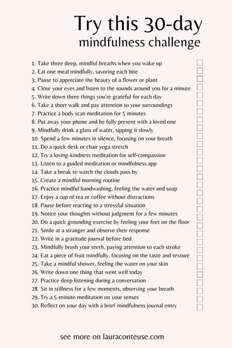 a pin that says in a large font Try This 30-Day Mindfulness Challenge Mindfulness Challenge, Lifestyle Challenge, Personal Development Activities, Be More Mindful, Skip Breakfast, Healing Journaling, Losing 40 Pounds, Healing Vibes, Challenge Ideas