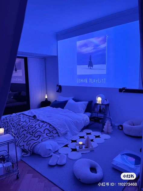 Rooms With Blue Walls, Room Decor Bedroom Blue, Dark Blue Aesthetic Room, Room Ideas Aesthetic Blue, Aesthetic Room Blue, Cozy Blue Room, Blue Aesthetic Bedroom Ideas, Blue Apartment Aesthetic, Blue Aesthetic Room