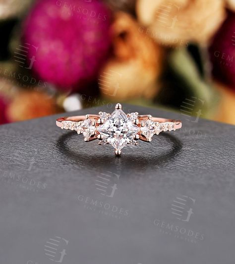 Vintage Princess Cut Moissanite Engagement Ring Rose Gold Ring Round Cut Diamond Ring Unique Anniversary Promise Ring Art Deco Ring - Etsy 3 Stone Princess Cut Ring, Vintage Princess Cut Ring, Unique Wedding Rings Princess Cut, Rose Gold Princess Cut Ring, Rose Gold Princess Cut Engagement Ring, Engagement Rings Rose Gold Princess Cut, Princess Wedding Rings, Princess Engagement Rings, Engagement Ring Princess Cut