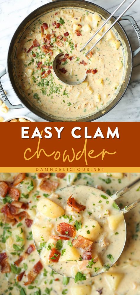 EASY CLAM CHOWDER, family dinner ideas for tonight, comfort food Taste Of Home Clam Chowder Recipe, Healthier Clam Chowder, Chunky Clam Chowder Recipe, Cheesy Seafood Chowder, Clams Chowder Recipe, Home Made Clam Chowder, Clam Soup Recipes, New England Clam Chowder Recipe Best, Can Clams Recipe